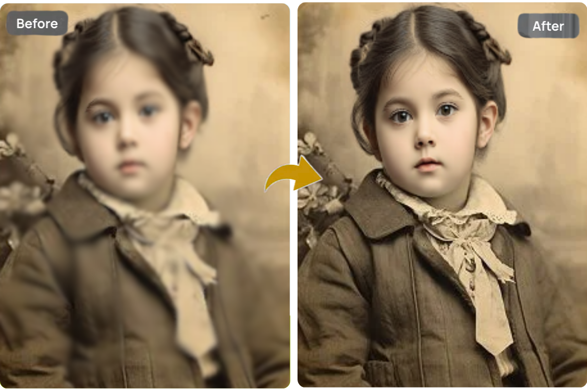 Before and after photo restoration showing elimination of blurriness